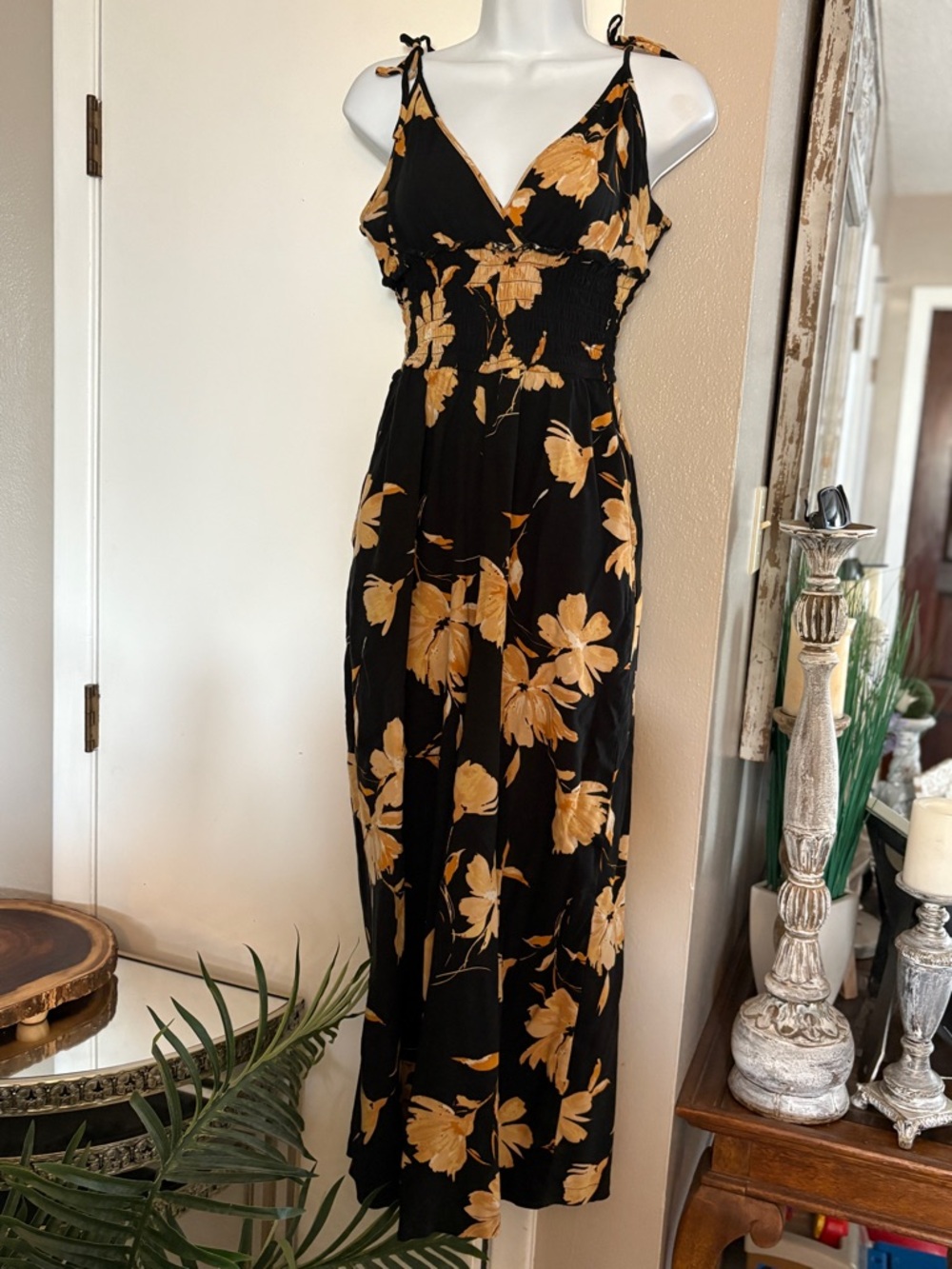 Patrons of Peace Black Maxi Pants Dress with Gold Floral Print